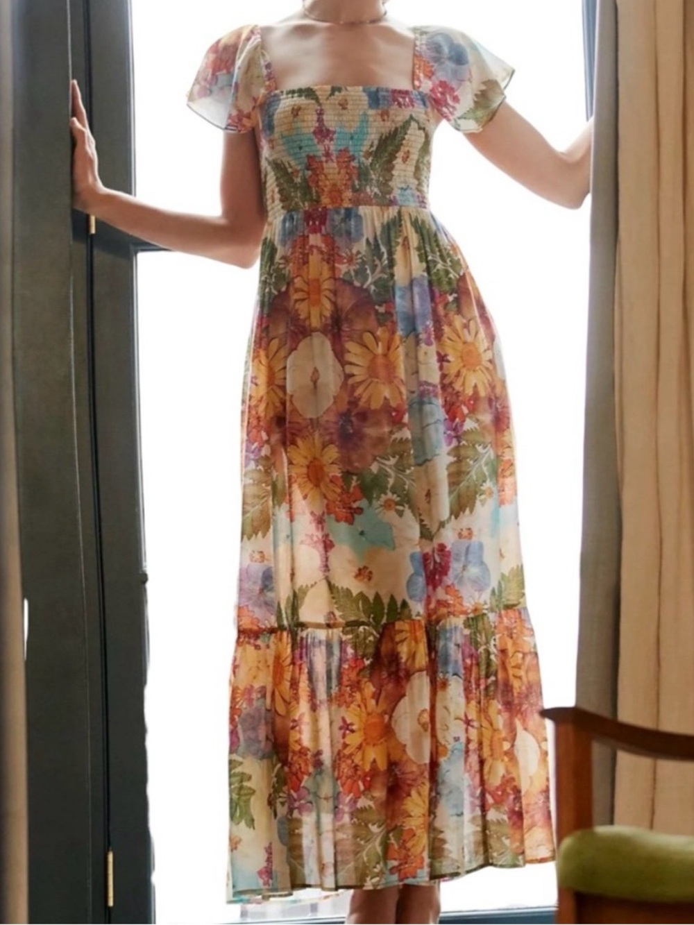 Anthropologie 1X Moxy Collective Floral Maxi Dress Plus tiered romantic smocked
